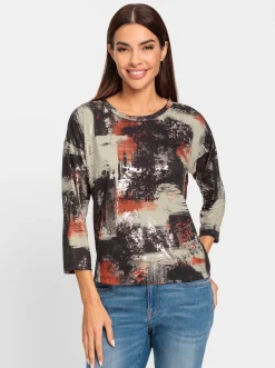 Shirts|heine Rundhalsshirt mit schimmerndem Foliendruck schwarz-rostrot-bedruckt