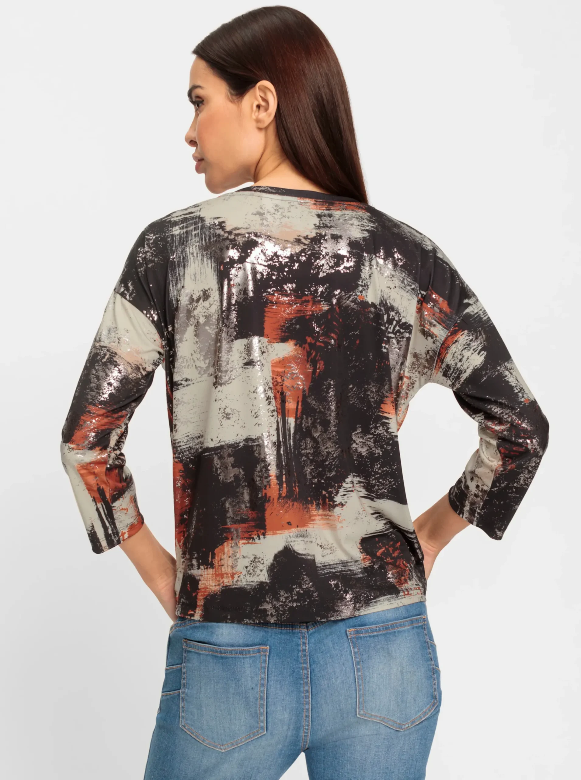 Shirts|heine Rundhalsshirt mit schimmerndem Foliendruck schwarz-rostrot-bedruckt