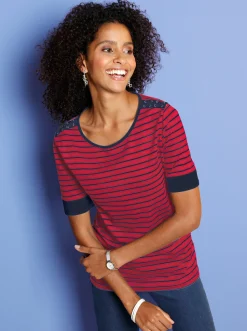 Shirts| Rundhalsshirt mit Ösen und Zierschnürungen rot-geringelt