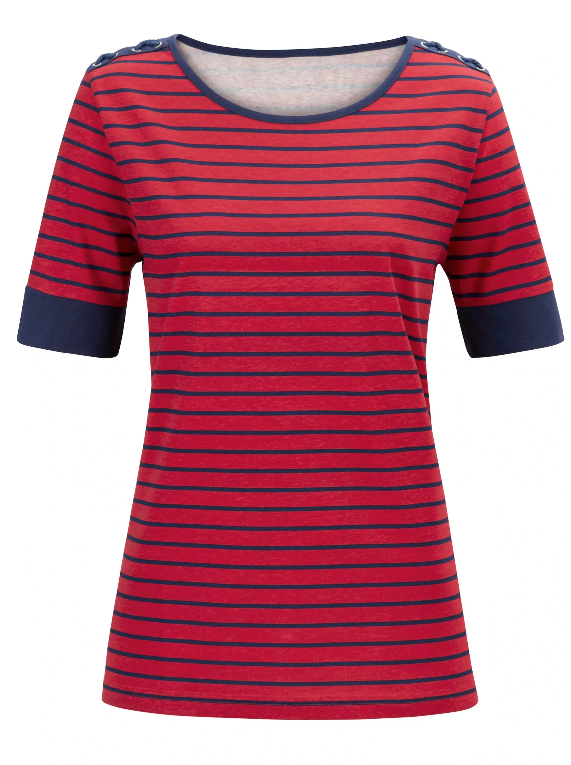 Shirts| Rundhalsshirt mit Ösen und Zierschnürungen rot-geringelt