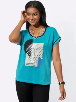 Shirts| Rundhalsshirt mit silberfarbigem Druck türkis-bedruckt