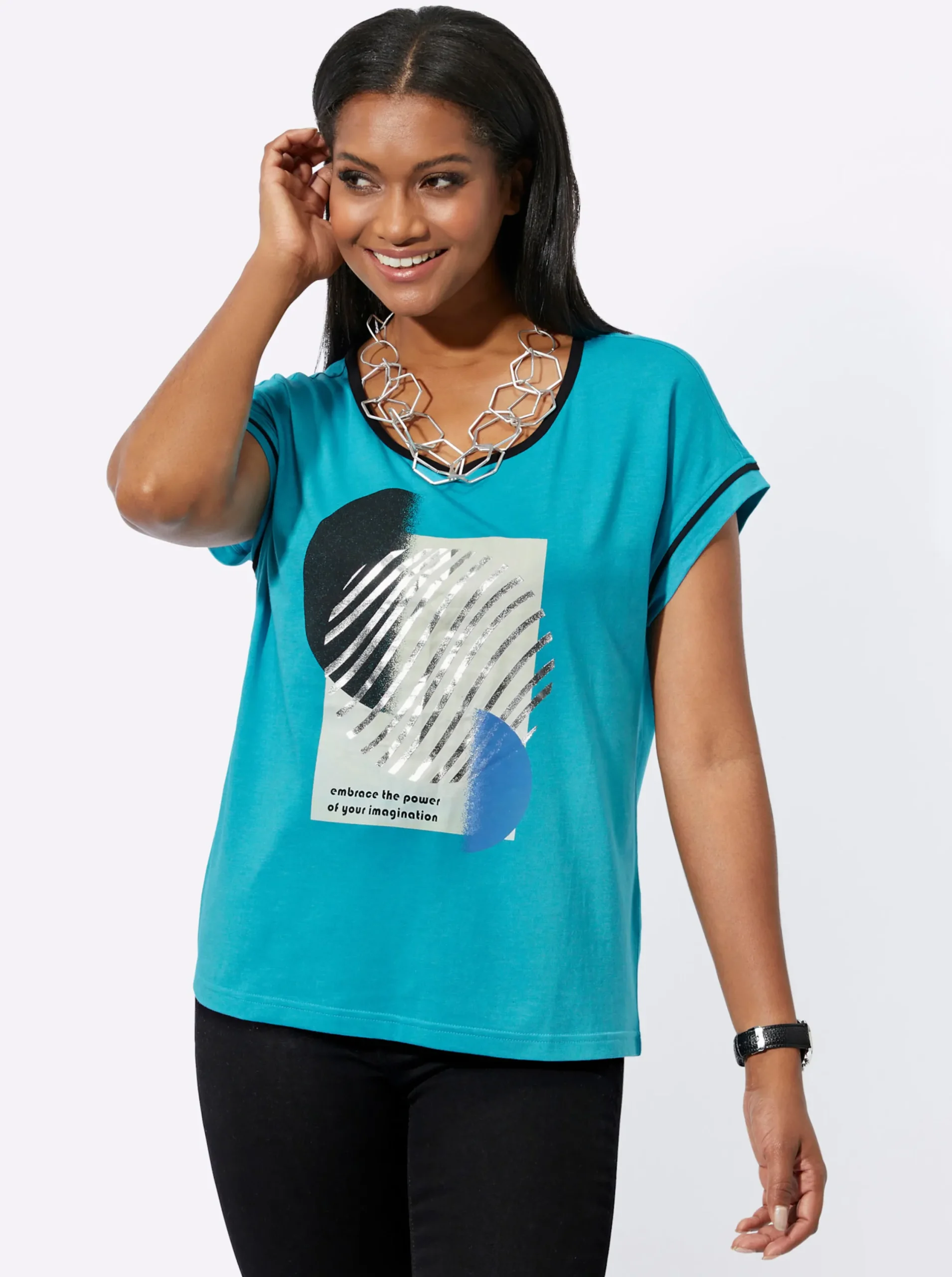 Shirts| Rundhalsshirt mit silberfarbigem Druck türkis-bedruckt
