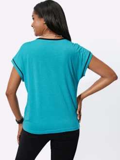 Shirts| Rundhalsshirt mit silberfarbigem Druck türkis-bedruckt