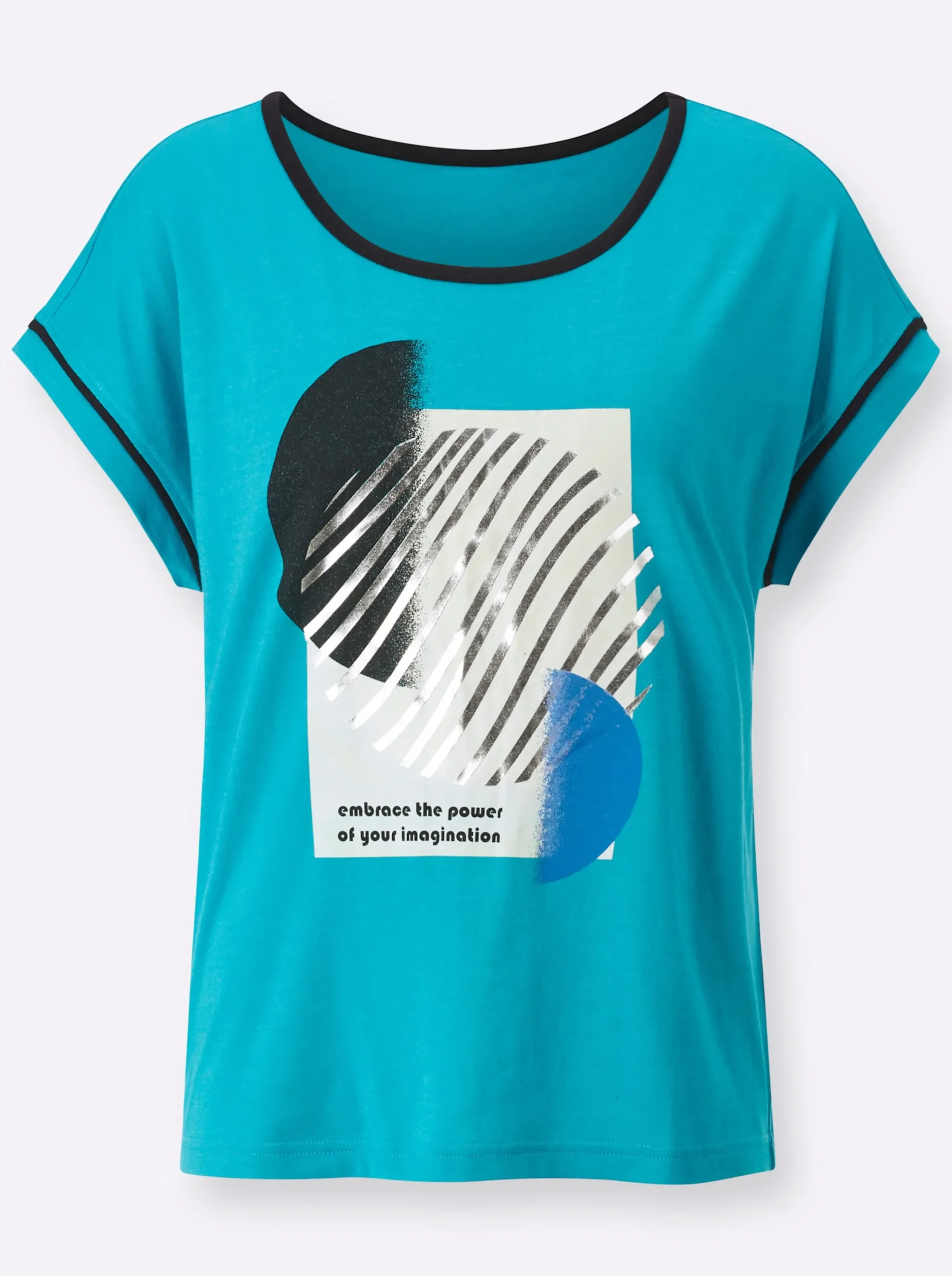 Shirts| Rundhalsshirt mit silberfarbigem Druck türkis-bedruckt