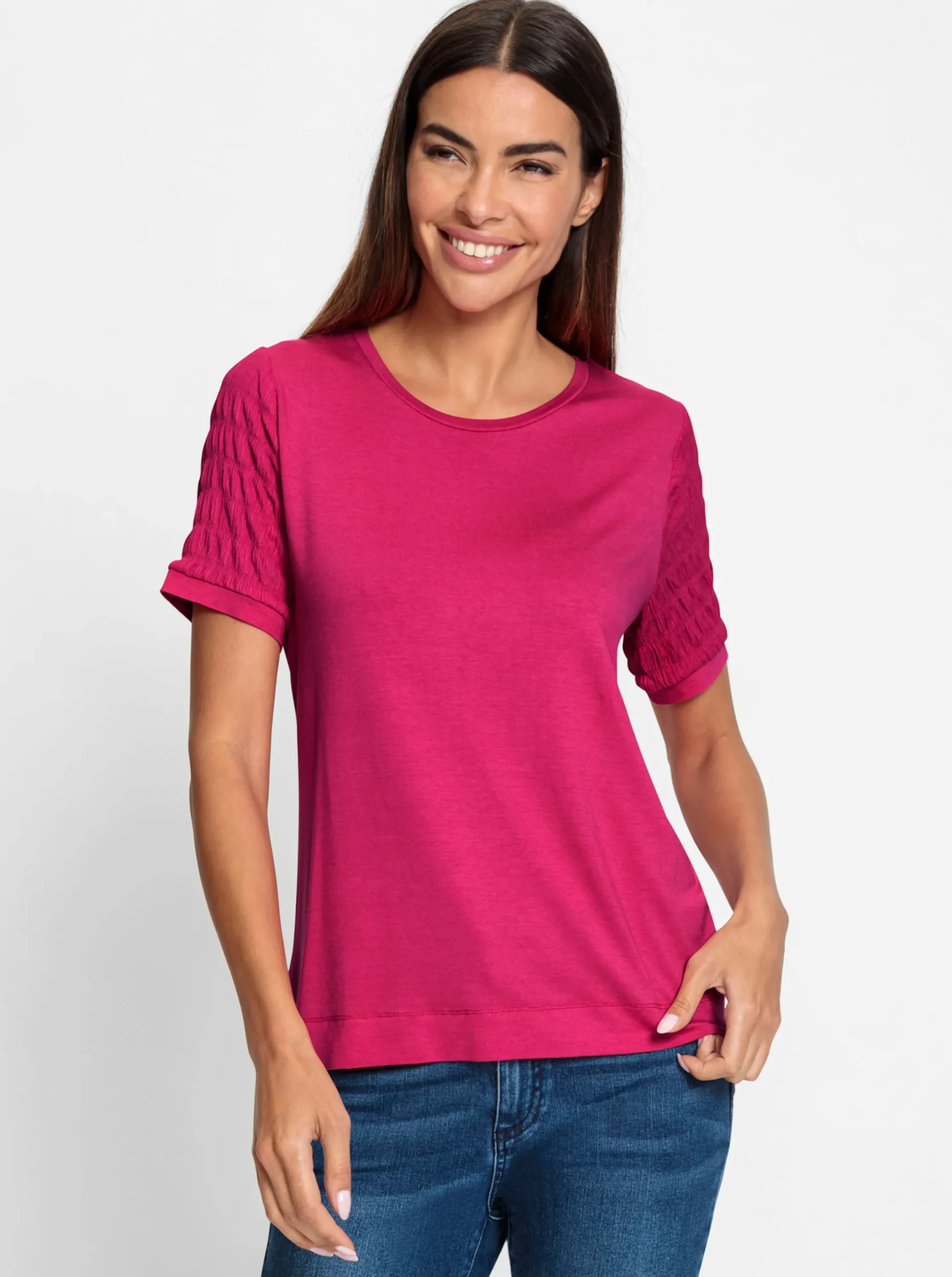 Shirts|heine Rundhalsshirt mit Smok-Partien pink