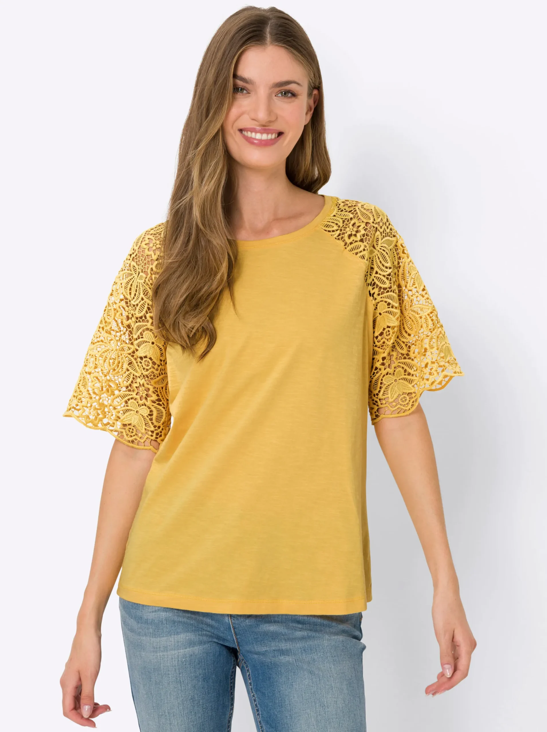 Strandmode|Shirts|heine Rundhalsshirt mit Spitze gelb