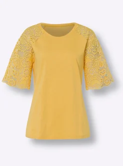 Strandmode|Shirts|heine Rundhalsshirt mit Spitze gelb