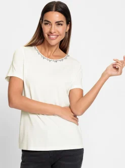 Shirts|heine Rundhalsshirt mit Steinchen-Verzierung ecru