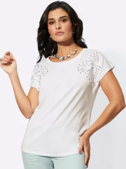 Shirts| Rundhalsshirt mit Zierperlen ecru