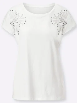 Shirts| Rundhalsshirt mit Zierperlen ecru