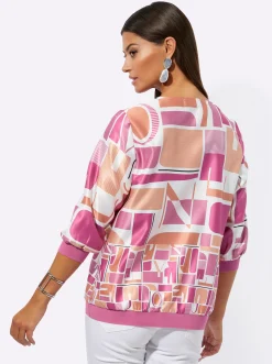 Blusen| Satinbluse im Grafikdruck mit Schriftzug papaya-fuchsia-bedruckt