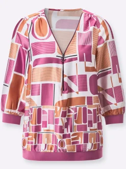 Blusen| Satinbluse im Grafikdruck mit Schriftzug papaya-fuchsia-bedruckt