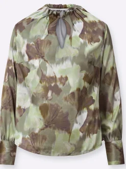 Blusen| Satinbluse mit breiten Knopfmanschetten khaki-lindgrün-bedruckt