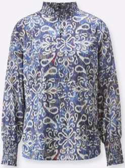 Blusen| Satinbluse mit gesmoktem Stehkragen ecru-marine-bedruckt