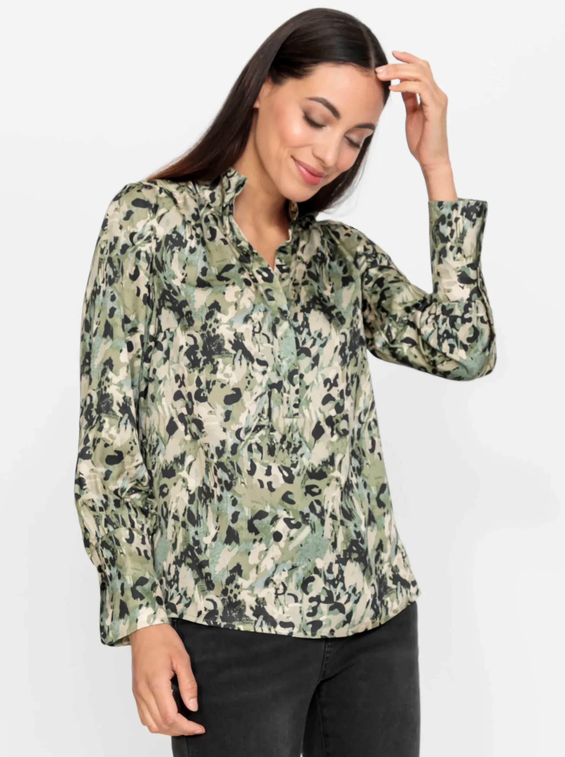 Blusen|heine Satinbluse mit Seitenschlitzen khaki-schlamm-bedruckt