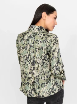 Blusen|heine Satinbluse mit Seitenschlitzen khaki-schlamm-bedruckt