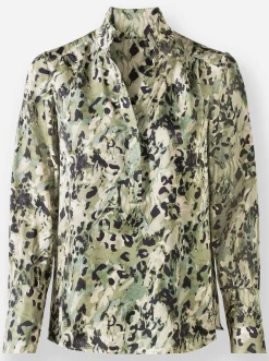 Blusen|heine Satinbluse mit Seitenschlitzen khaki-schlamm-bedruckt