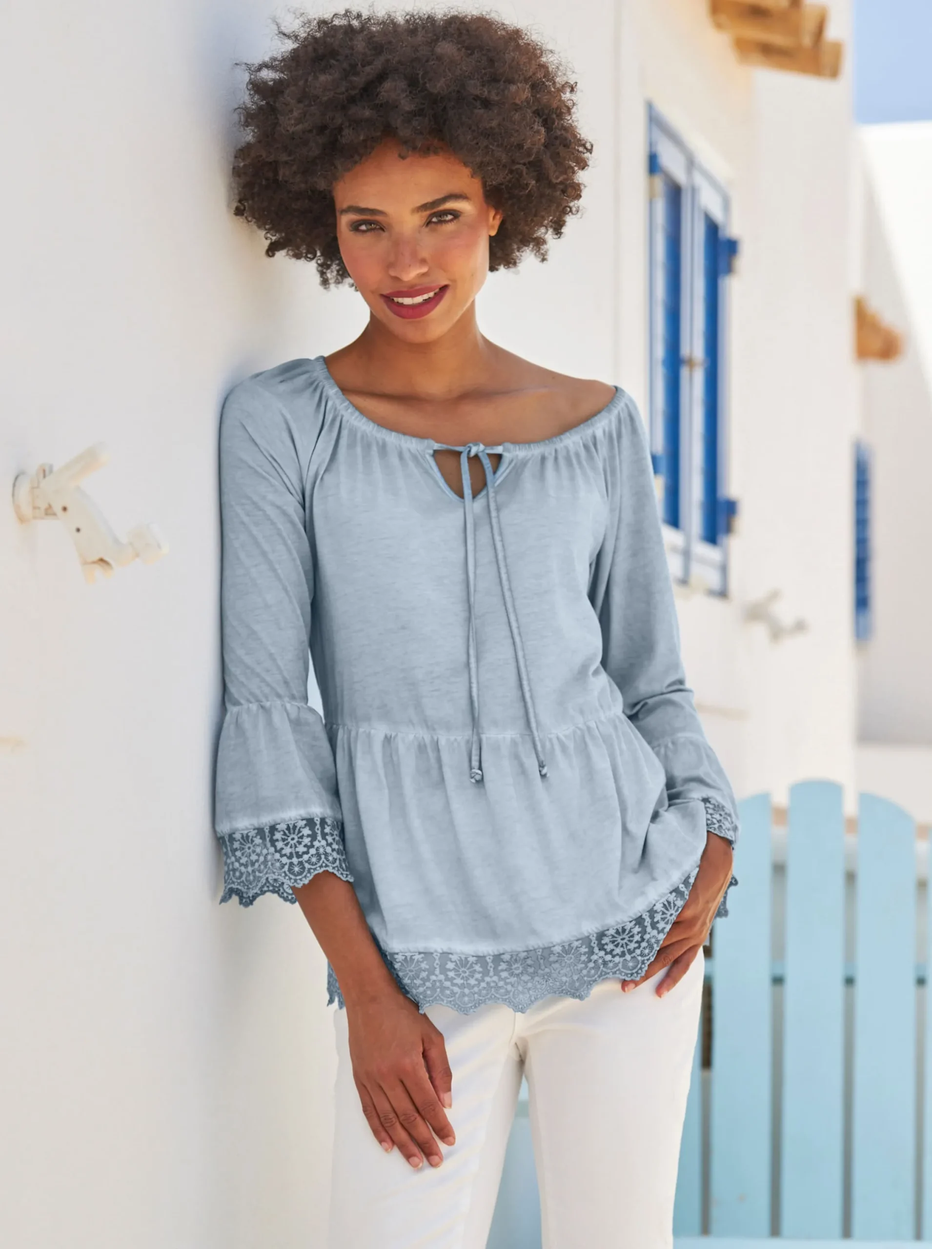 Shirts|heine Schößchenshirt mit variablem Ausschnitt, reine Baumwolle bleu