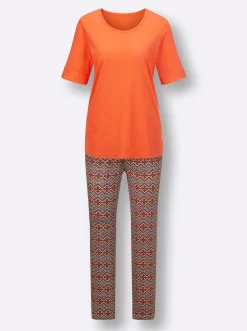 Nachtwäsche|wäschepur Schlafanzug orange-marine-bedruckt