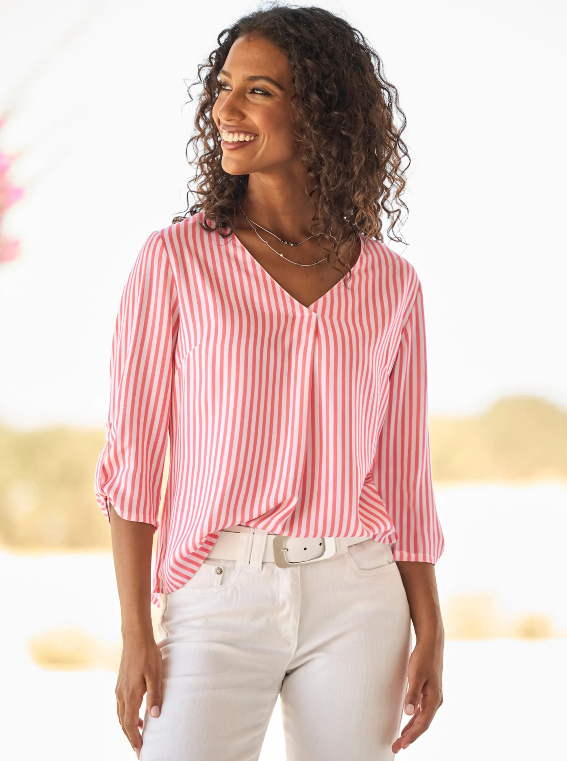 Blusen|heine Schlupfbluse grapefruit-ecru-gestreift