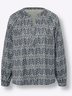 Blusen|heine Schlupfbluse aus Satin sand-rauchblau-bedruckt