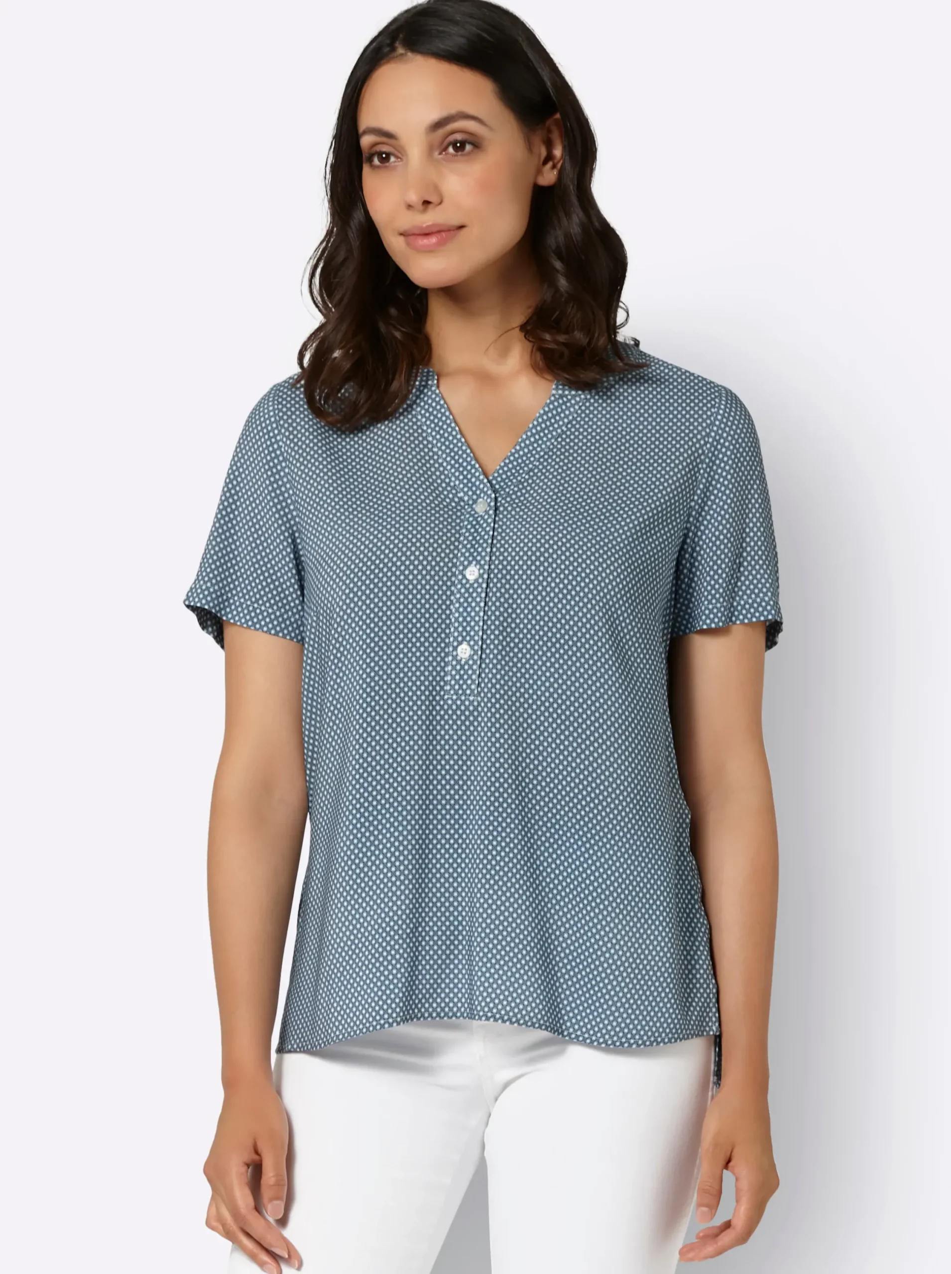 Strandmode| Schlupfbluse im Minimaldessin, aus Viskose bleu-rauchblau-bedruckt