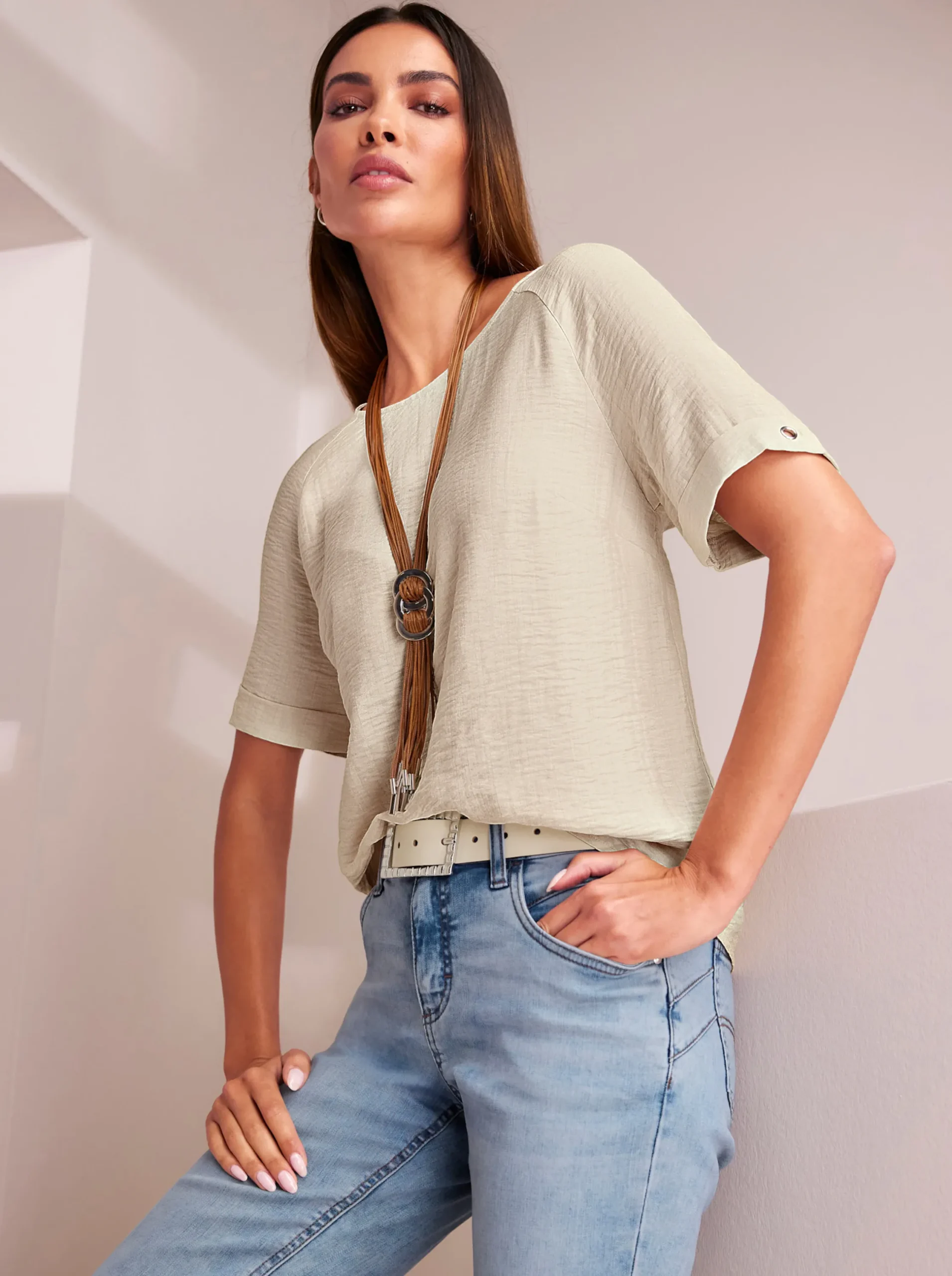 Blusen|heine Schlupfbluse in Crinkle-Optik sand