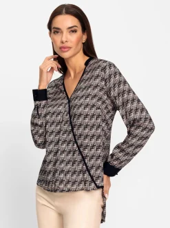 Blusen|heine Schlupfbluse in Wickel-Optik taupe-schwarz-bedruckt