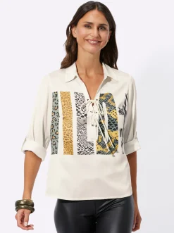 Blusen| Schlupf-Bluse mit Animal-Schriftzug champagner-khaki-bedruckt