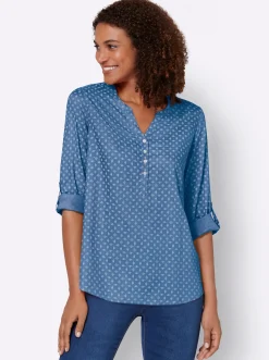 Blusen| Schlupf-Bluse mit Minimal-Muster mittelblau-weiß-bedruckt