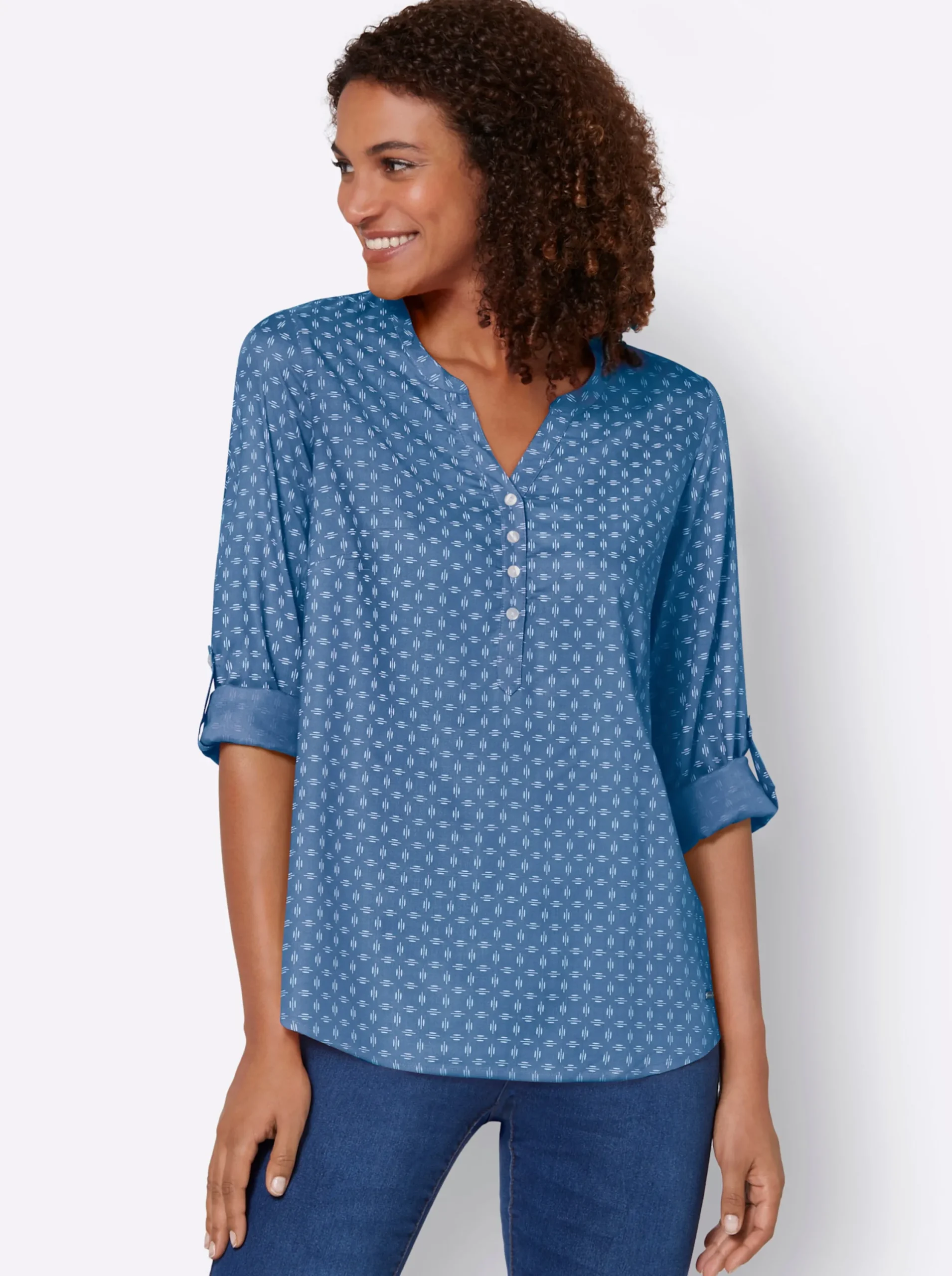 Blusen| Schlupf-Bluse mit Minimal-Muster mittelblau-weiß-bedruckt