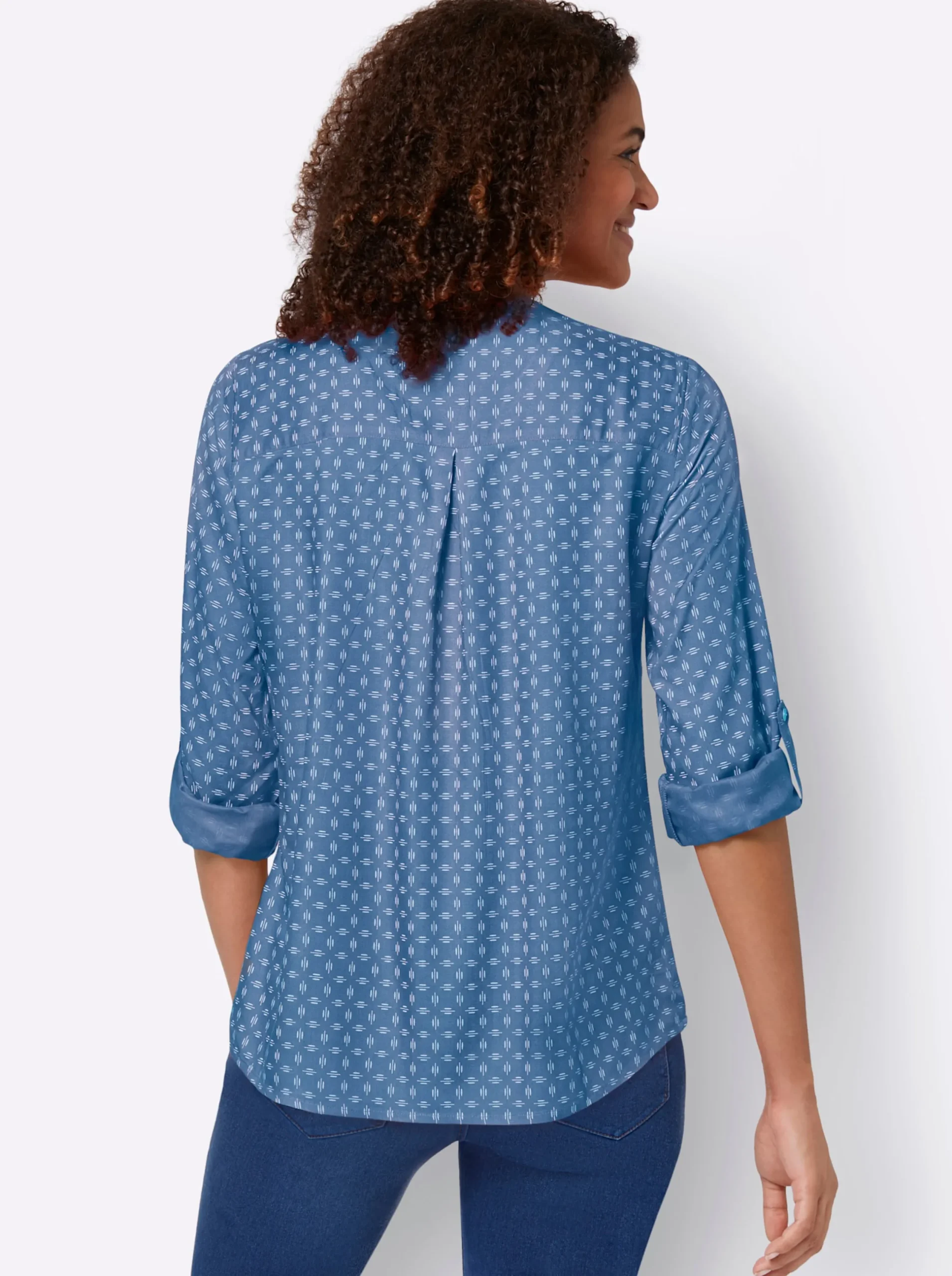 Blusen| Schlupf-Bluse mit Minimal-Muster mittelblau-weiß-bedruckt