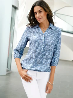Blusen| Schlupf-Bluse mit schimmernden Knöpfen mittelblau-weiß-bedruckt