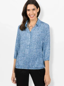 Blusen| Schlupf-Bluse mit schimmernden Knöpfen mittelblau-weiß-bedruckt