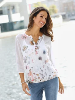 Strandmode| Schlupfbluse mit Spaghetti-Top ecru-bedruckt