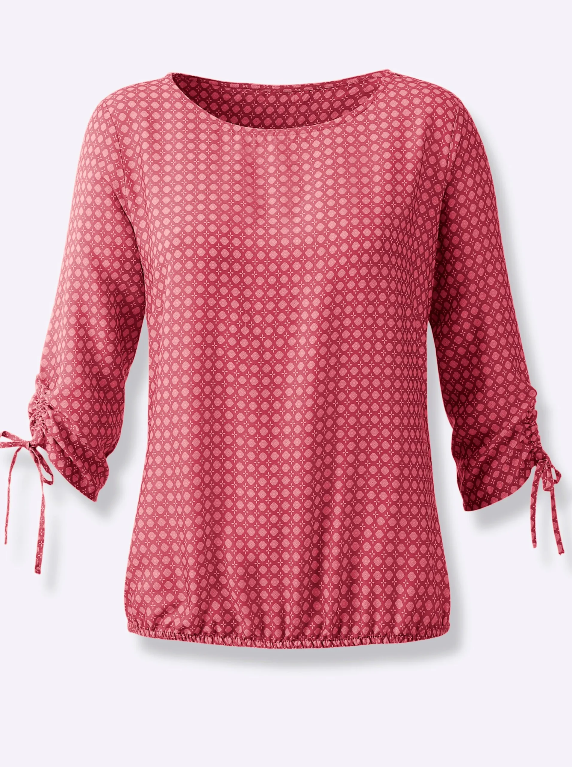 Blusen| Schlupfbluse mit U-Boot-Ausschnitt, dezent schimmernd rot-flamingo-bedruckt