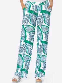 Hosen|heine Schlupfhose mit 2 Taschen blaugrün-ecru-bedruckt