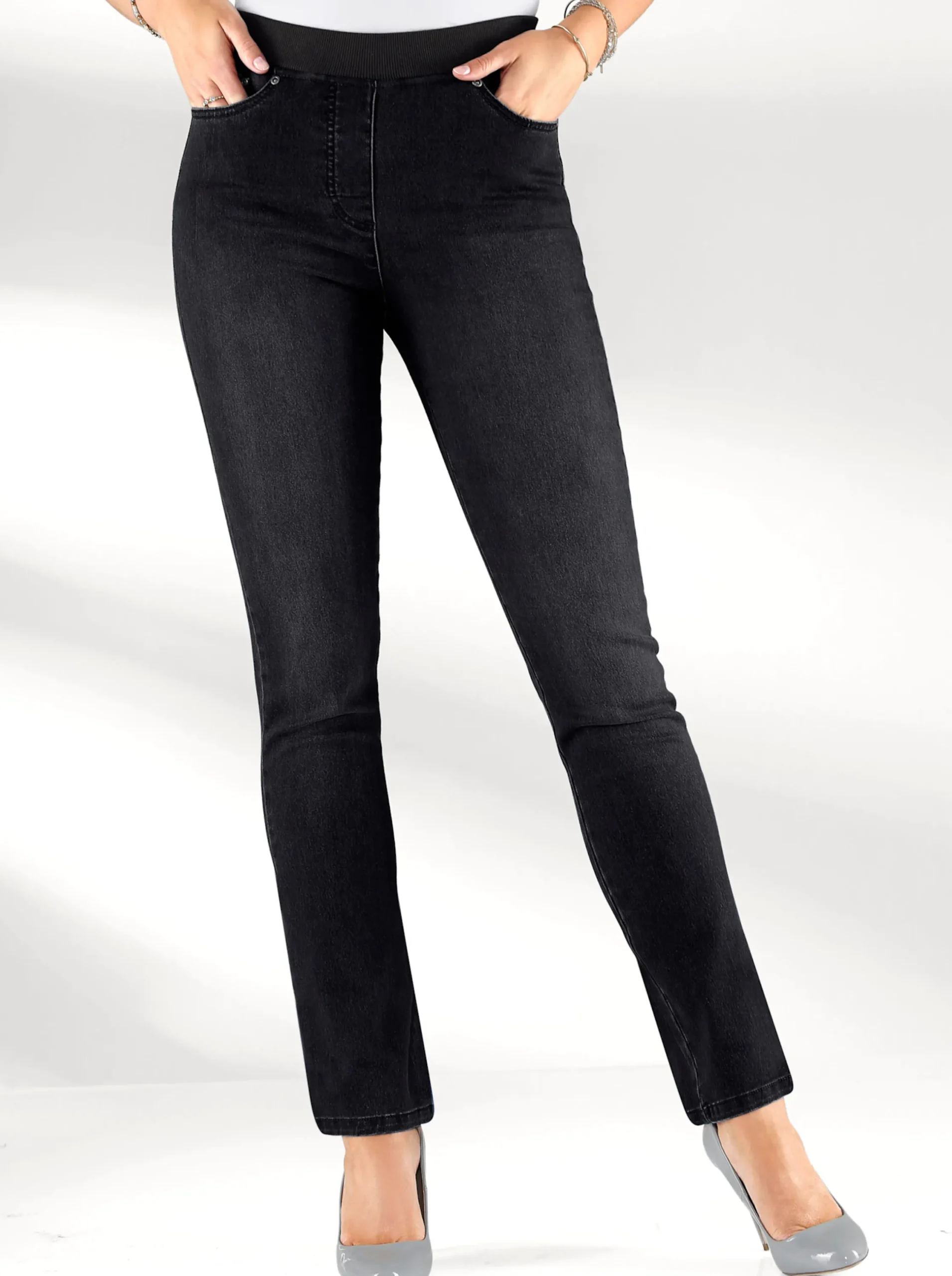 Jeans| Schlupfjeans mit geripptem Strick-Dehnbund black-denim