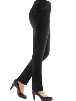Jeans| Schlupfjeans mit geripptem Strick-Dehnbund black-denim