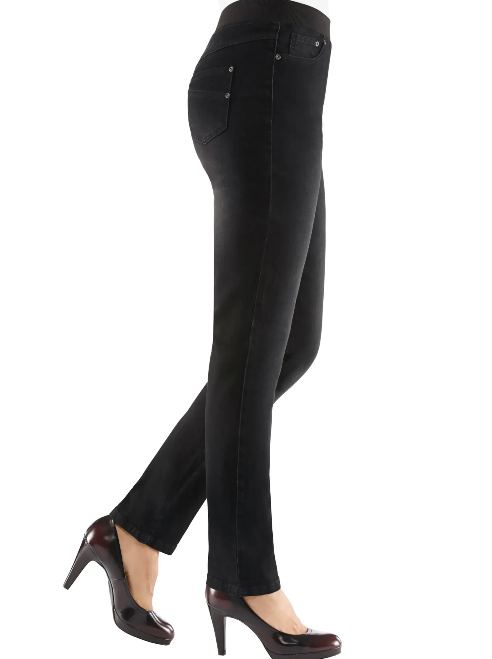 Jeans| Schlupfjeans mit geripptem Strick-Dehnbund black-denim