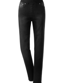 Jeans| Schlupfjeans mit geripptem Strick-Dehnbund black-denim