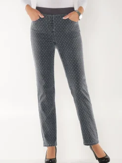 Jeans| Schlupfjeans mit geripptem Strick-Dehnbund grey-denim-bedruckt