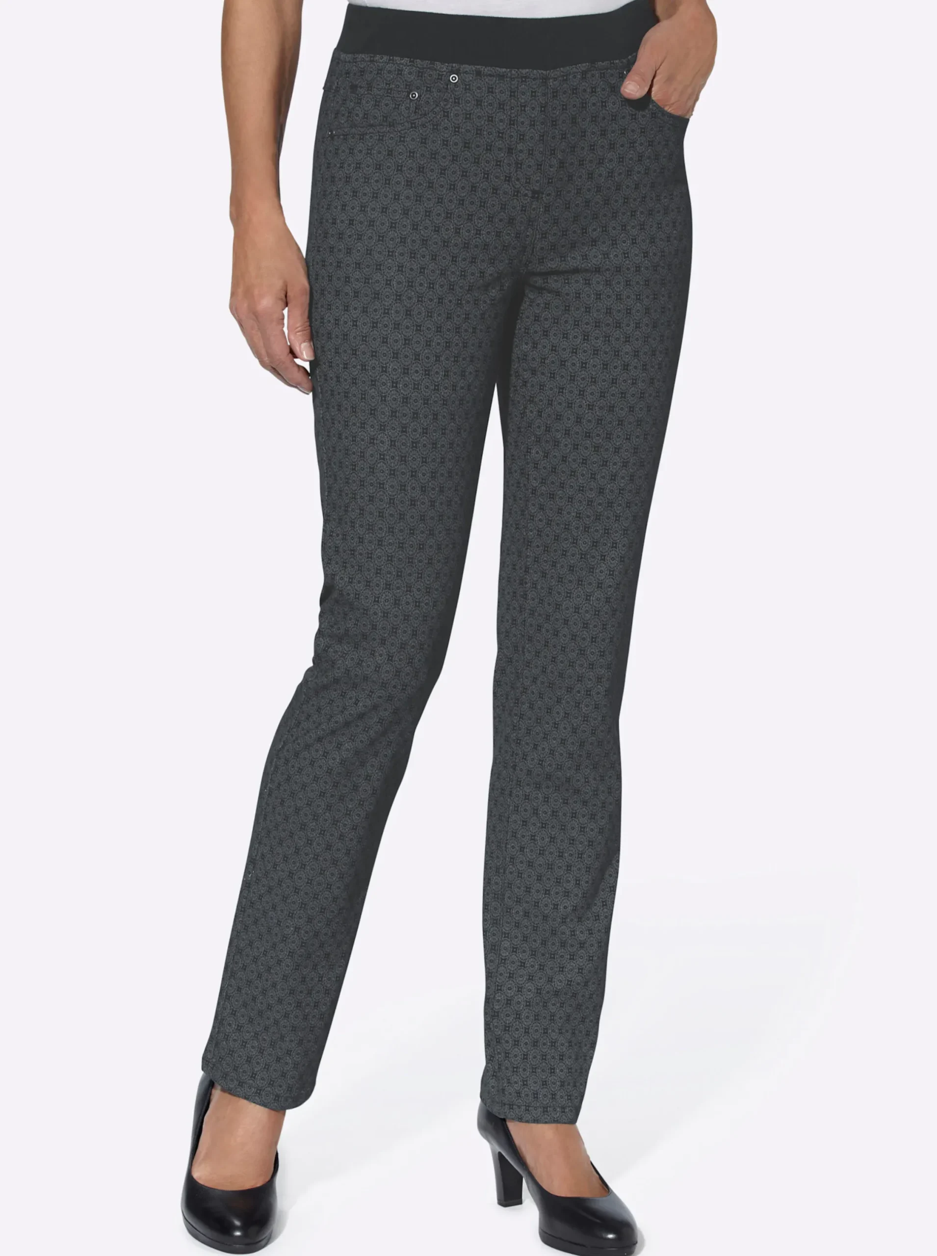 Jeans| Schlupfjeans mit geripptem Strick-Dehnbund grey-denim-bedruckt