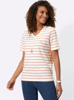 Shirts| Shirt mit Stickerei, geringelt papaya-ecru-geringelt