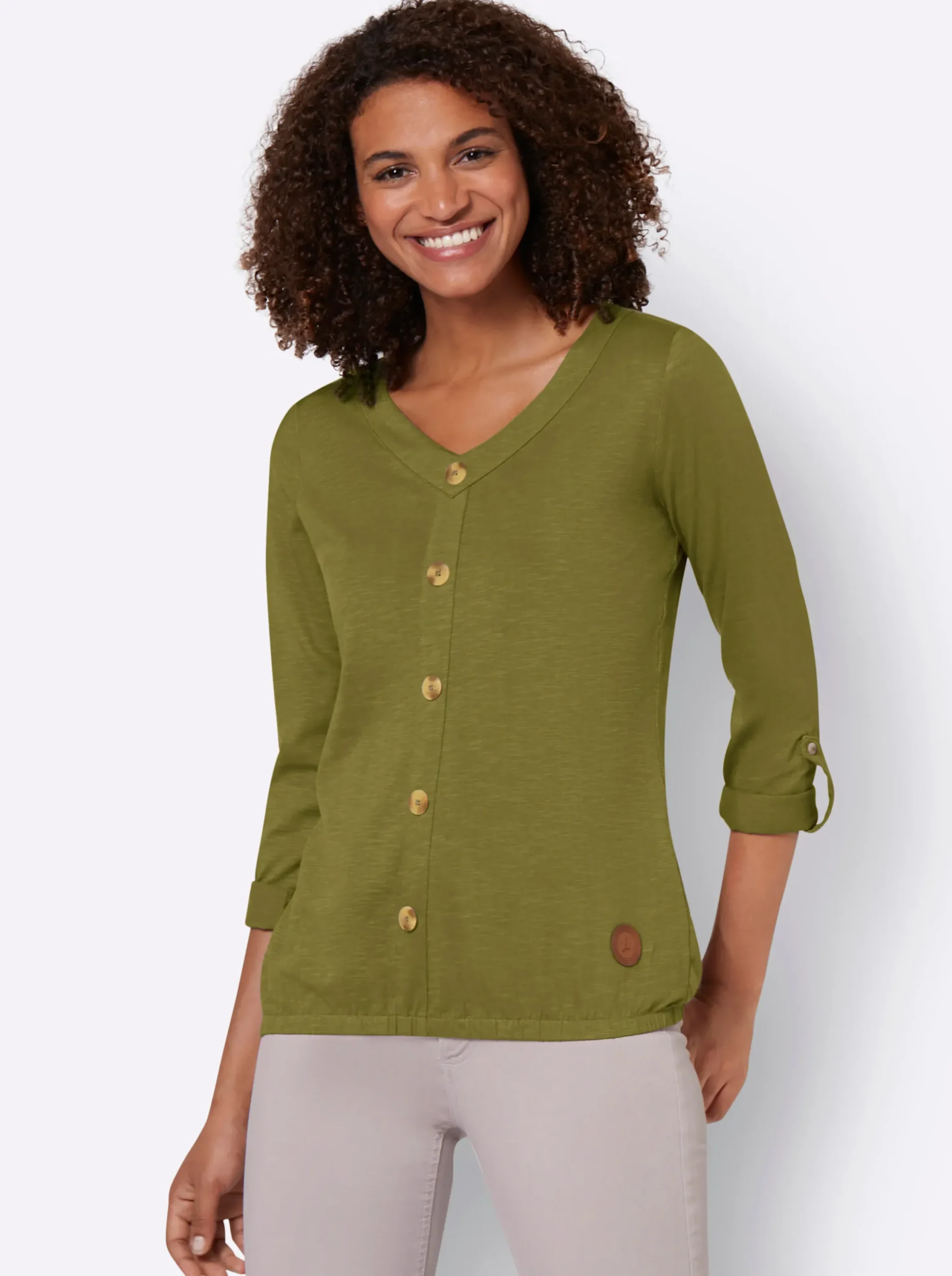 Shirts| Shirt mit Zierknopfleiste oliv