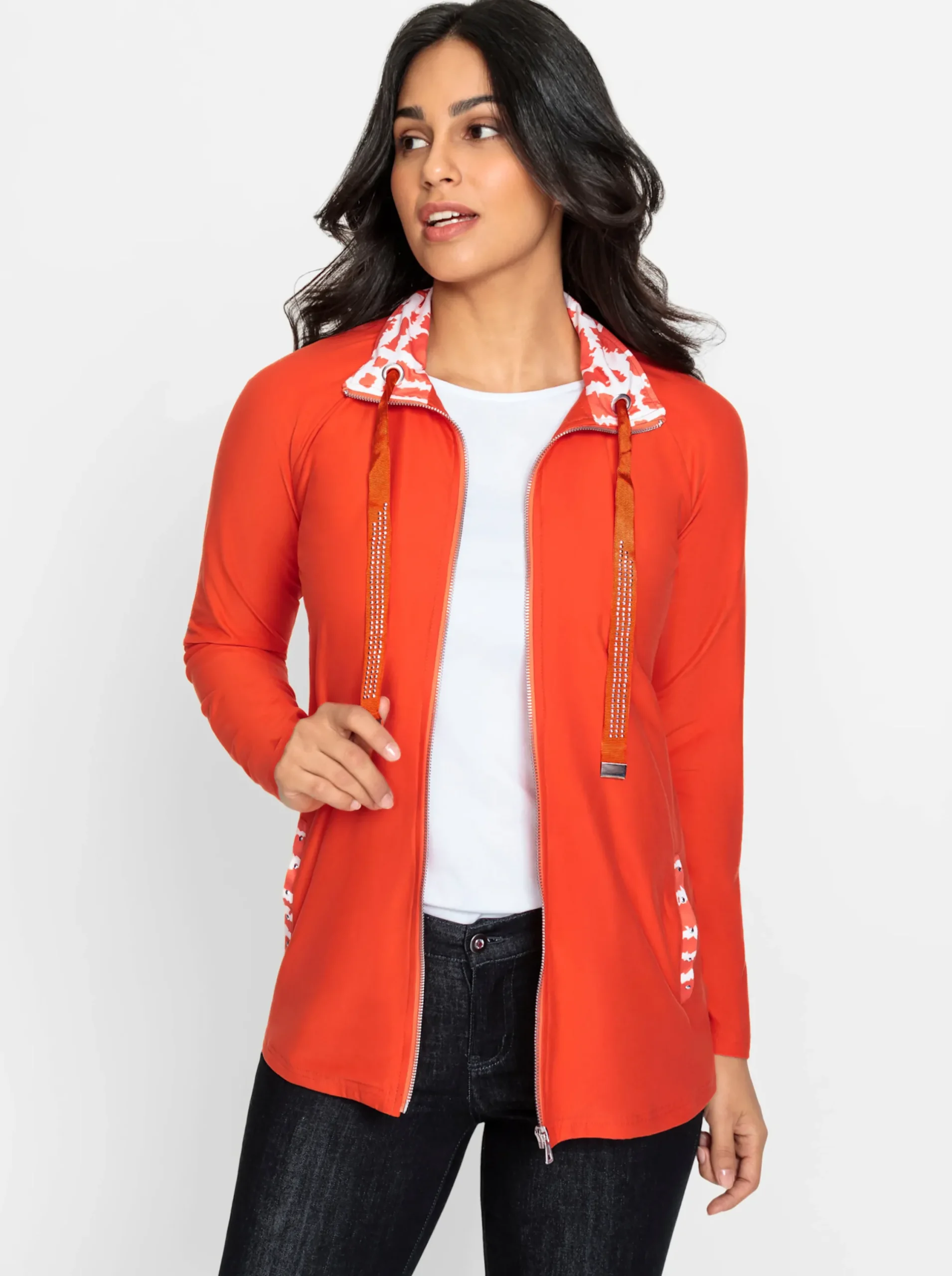 Jacken| Shirtjacke mit Glitzersteinchen orange-ecru-gemustert