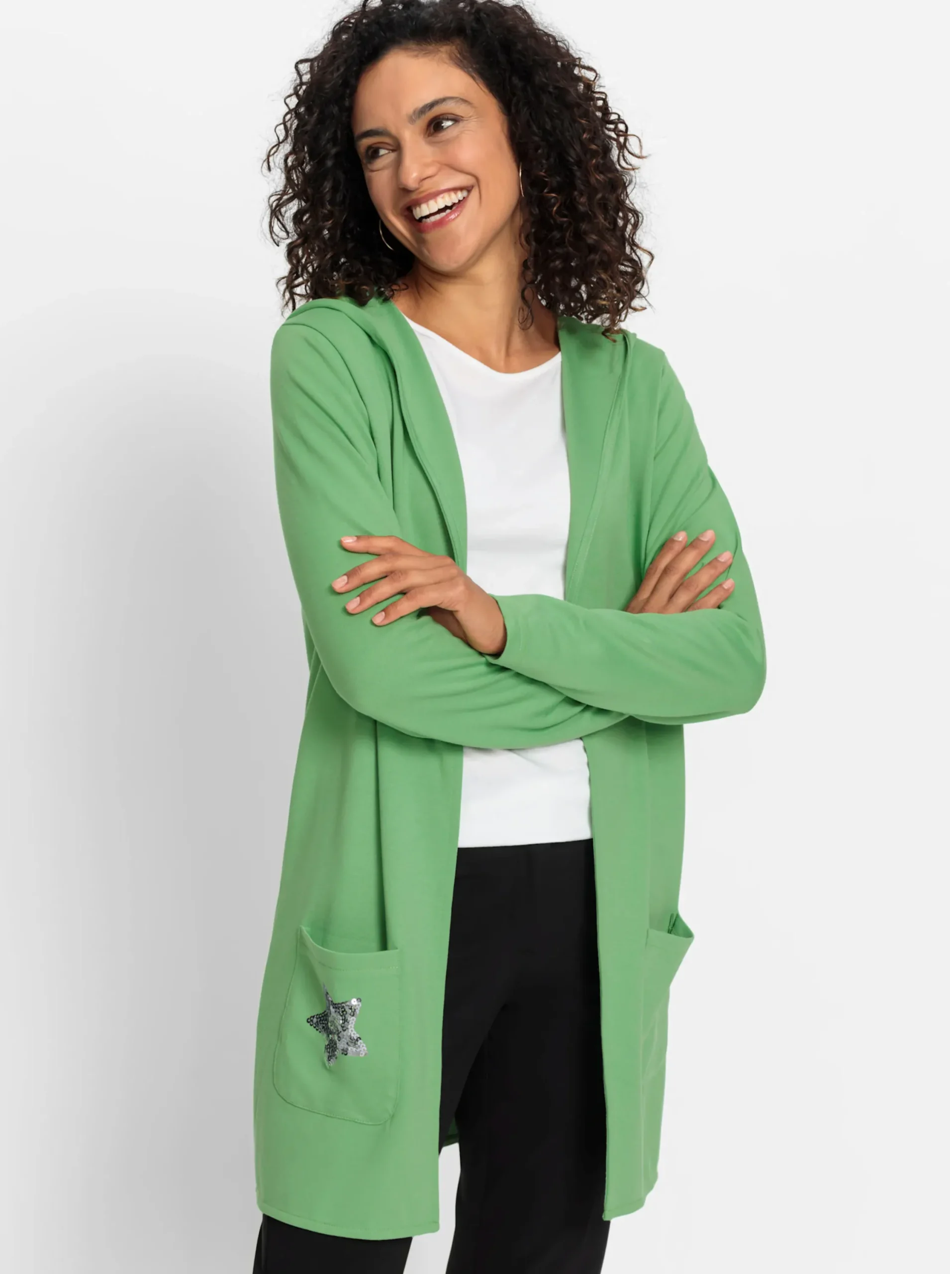 Jacken| Shirtjacke mit Pailletten-Schriftzug hinten apfel