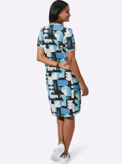 Kleider| Shirtkleid in bedruckter Sweat-Qualität türkis-schwarz-bedruckt