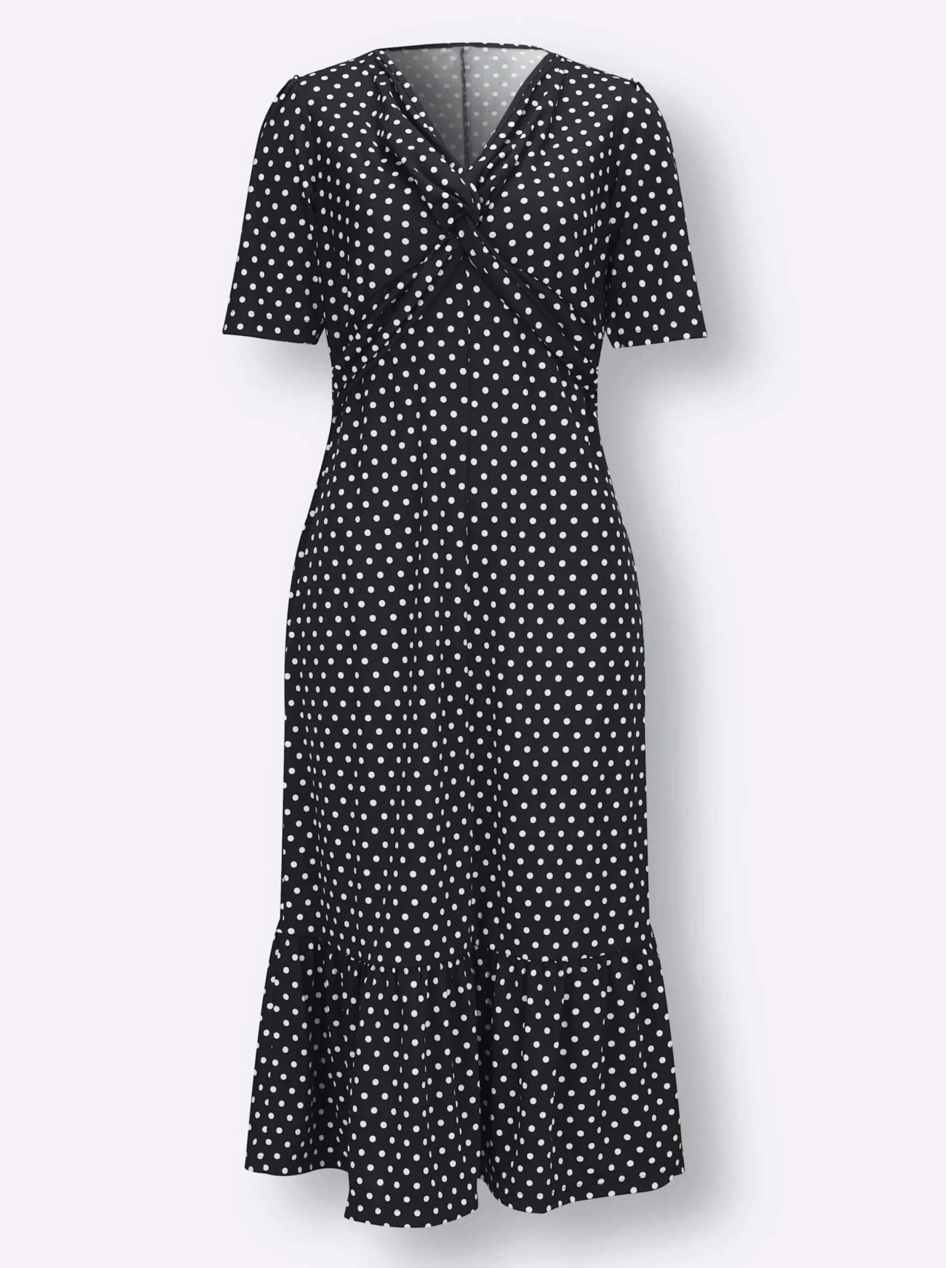 Kleider| Shirtkleid mit Volant am Saum schwarz-weiß-getupft