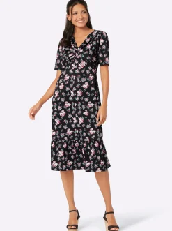 Kleider| Shirtkleid mit Volant am Saum schwarz-hortensie-gemustert